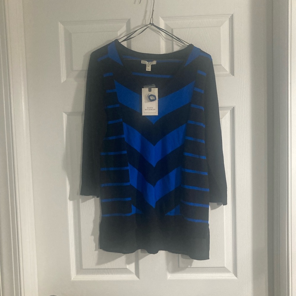 Dana Buchman Blue and Black Striped Vneck Sweater with Polyester Lining, Size M